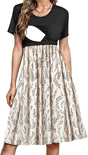 PARNIXS Damen Stillkleid Sommer Kurzarm Patchwork Schwangerschaft Kleidung mit Taschen
