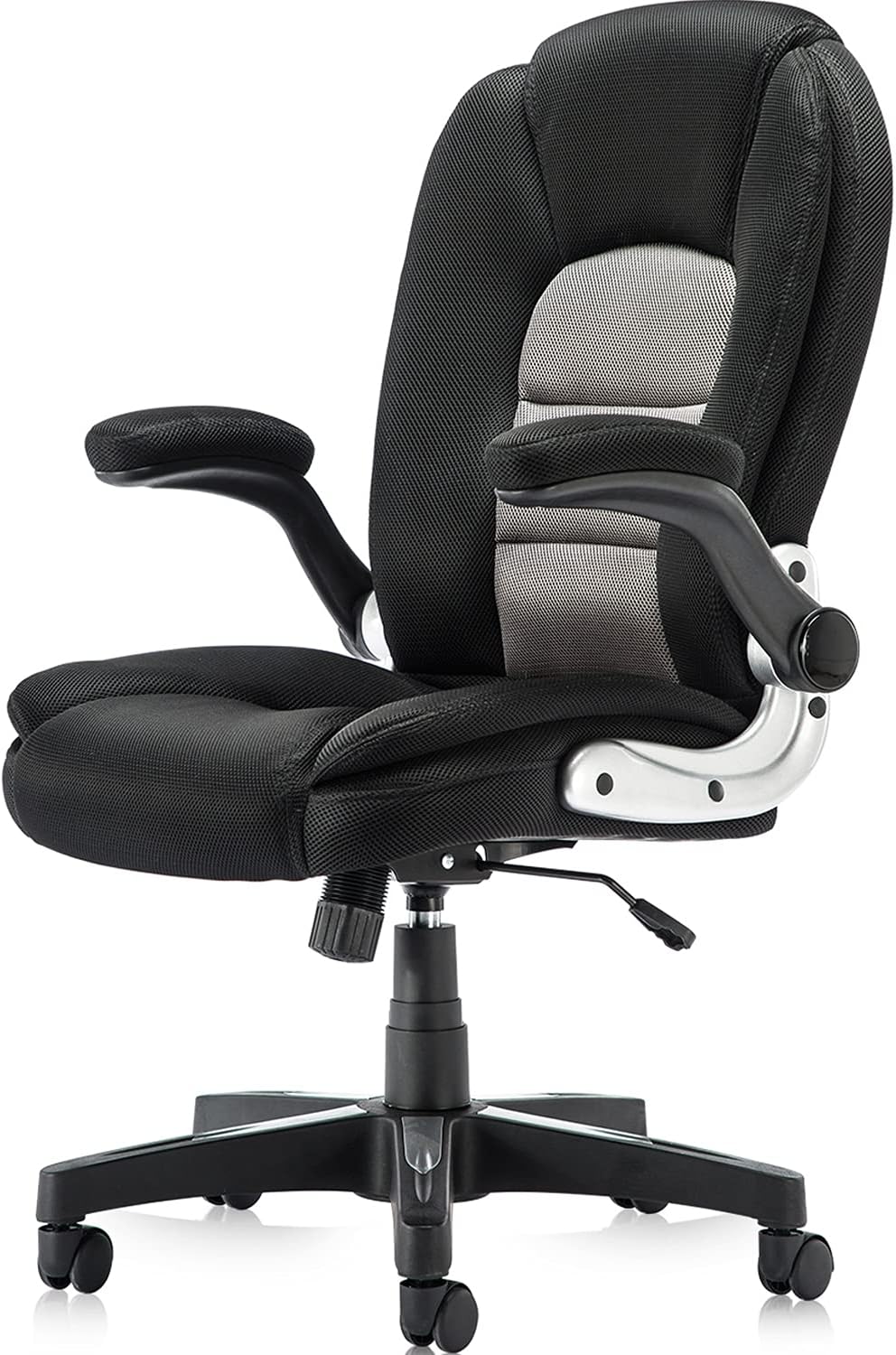 YAMASORO High Back Leather Office Chair - Adjustable Tilt Angle and Flip-up Arms Executive Computer Desk Chair, Thick Padding for Comfort and Ergonomic Design for Lumbar Support, Black