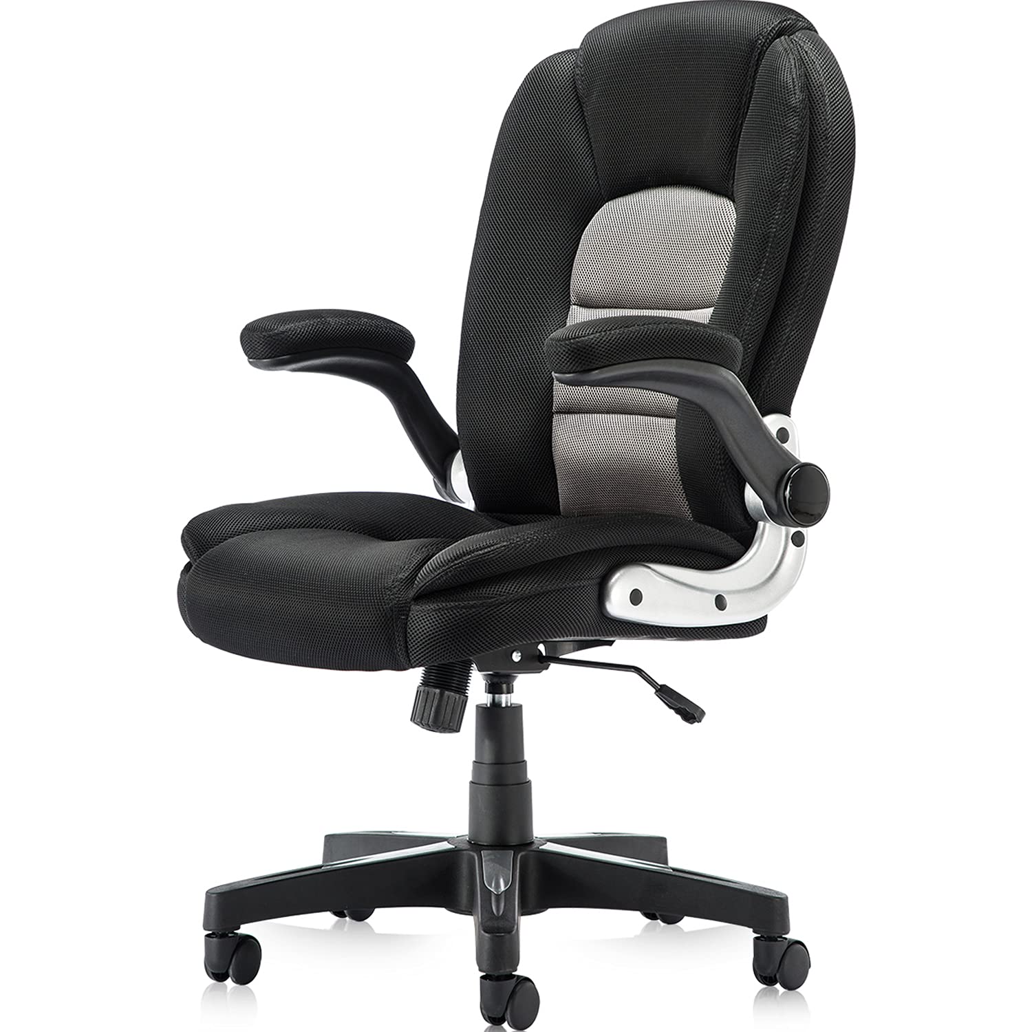 YAMASORO High Back Leather Office Chair - Adjustable Tilt Angle and Flip-up Arms Executive Computer Desk Chair, Thick Padding for Comfort and Ergonomic Design for Lumbar Support, Black