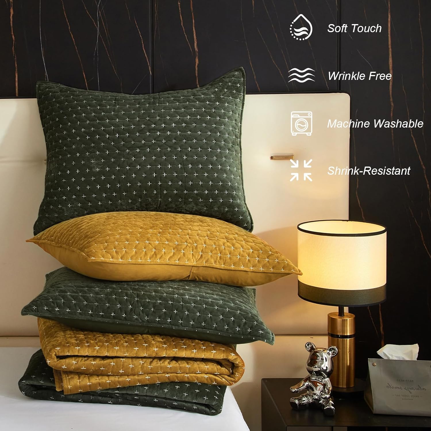 Powdion Velvet Quilt Queen Size, Oversized Bedspread Quilted Bedding Set, Luxurious Soft Coverlet Set Lightweight Velvet Comforter for All Season with Pillow Shams 90x96 Army Green Striped Queen - Image 3