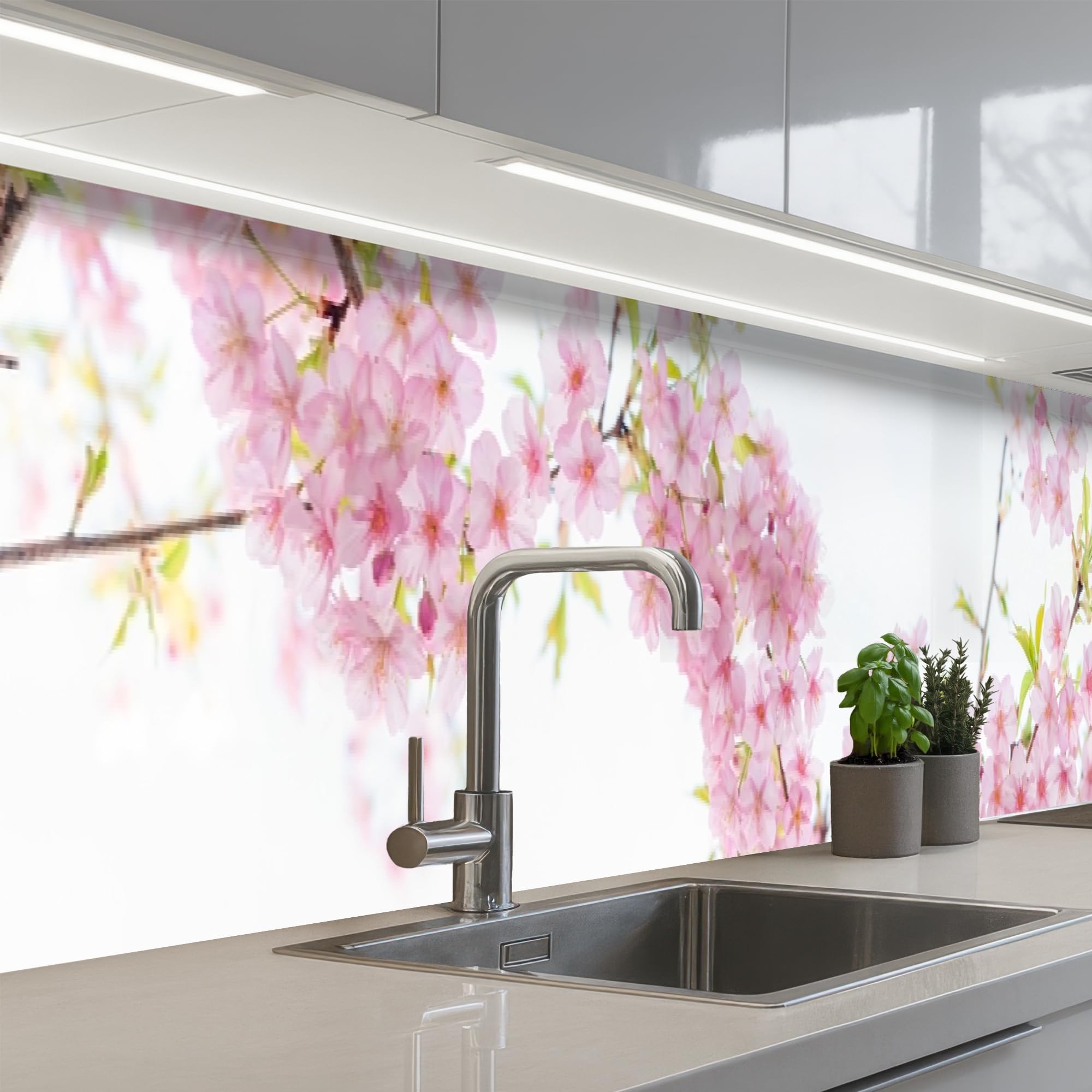 KitchenYeah© Splashback for kitchen 24"x197" / 60x500 cm self-adhesive Sink Splash Splatter Guard Splashbacks Walls Cherry Blossom - Pink - Flowers - Sakura - Nature