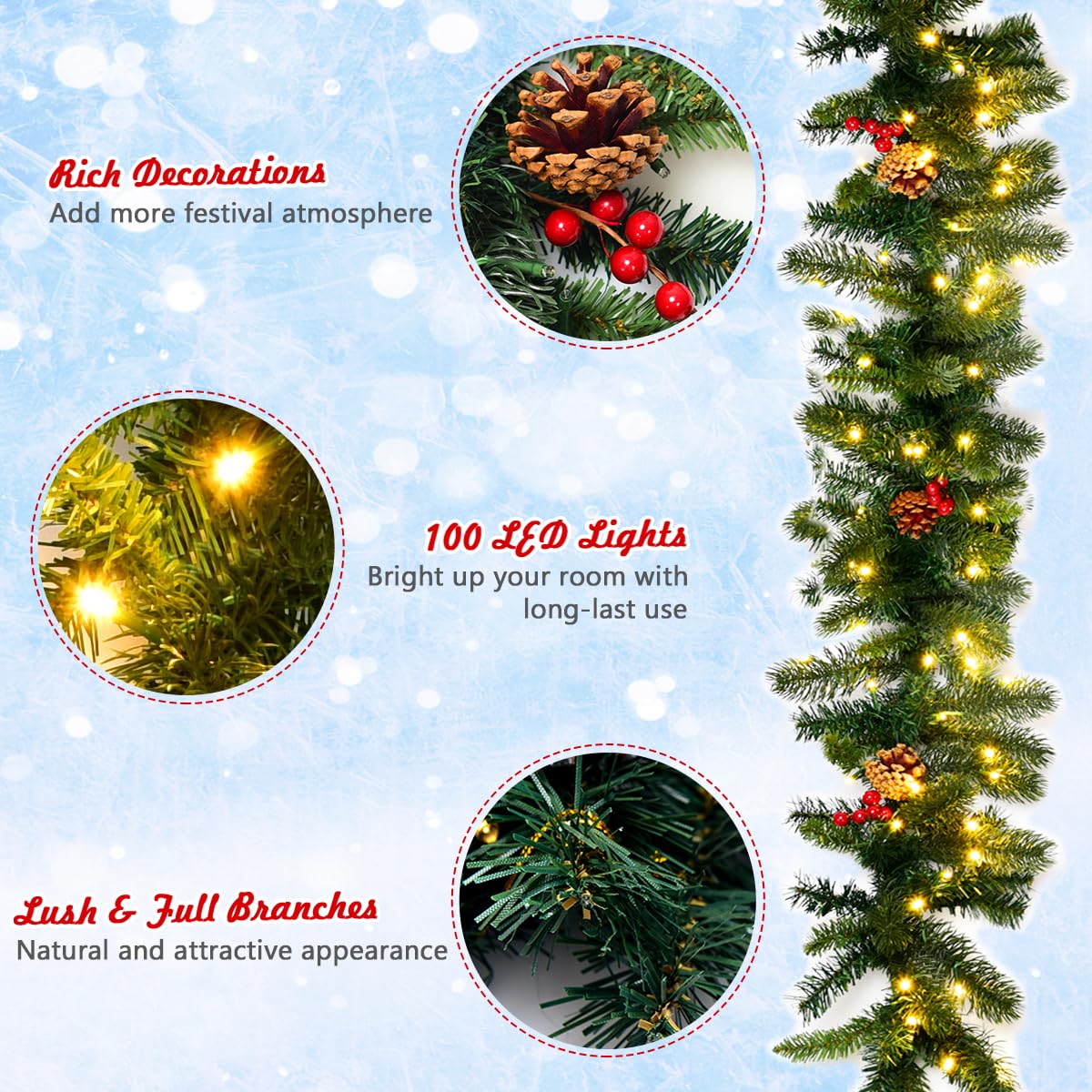 KOMFOTTEU Guirlande de Noël 270 cm avec Éclairage LED, Couronne de Sapin Artificiel pour Escaliers et Cheminées, Décoration de Noël avec Baies Rouges et Ananas