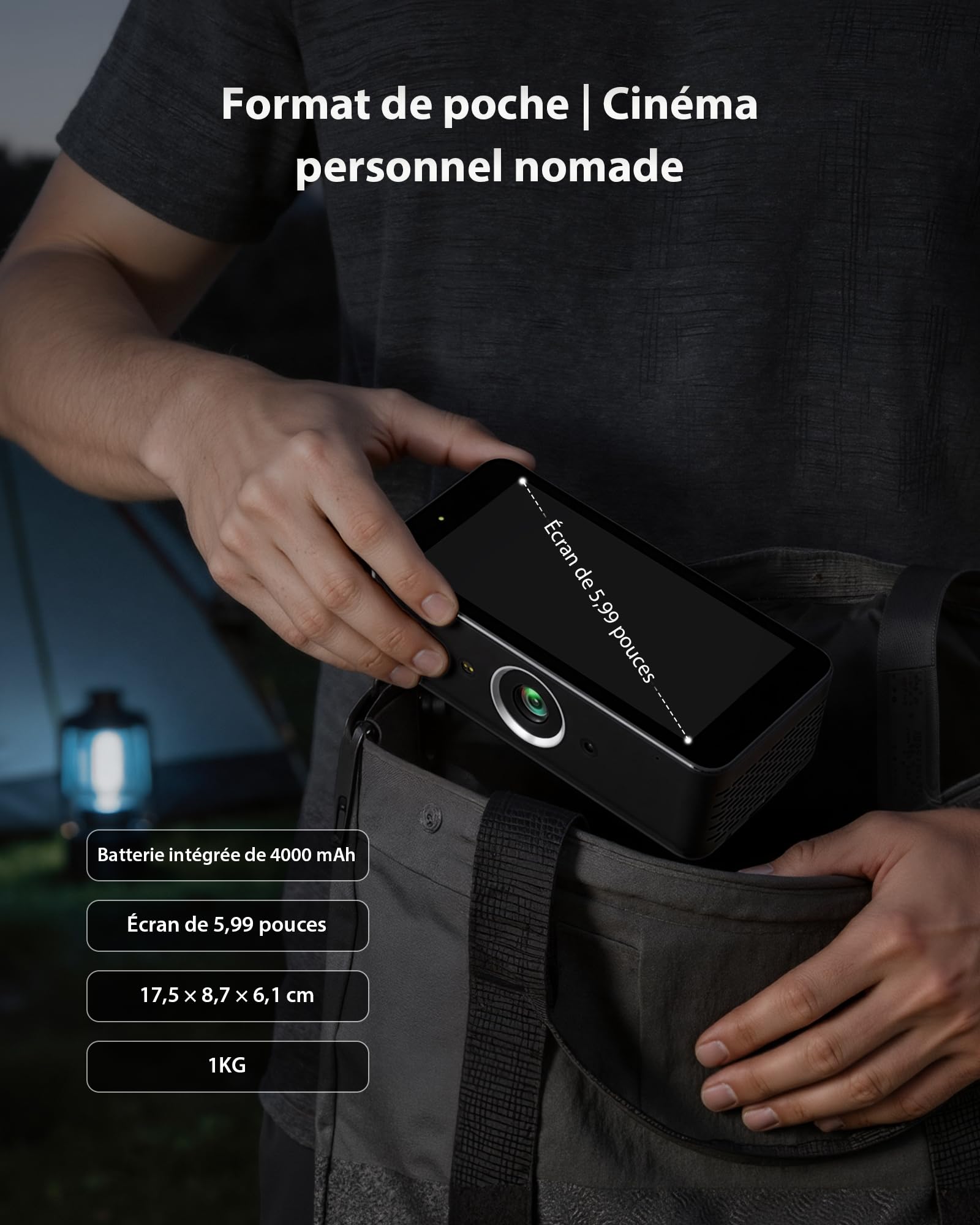 Videoprojecteur 4K avec 64 Go de Stockage, Batterie intégrée, Android 12, Smart Projecteur Video Portable Auto Focus/Keystone, Téléchargement d’Applications, Pivotant à 90° - Noir