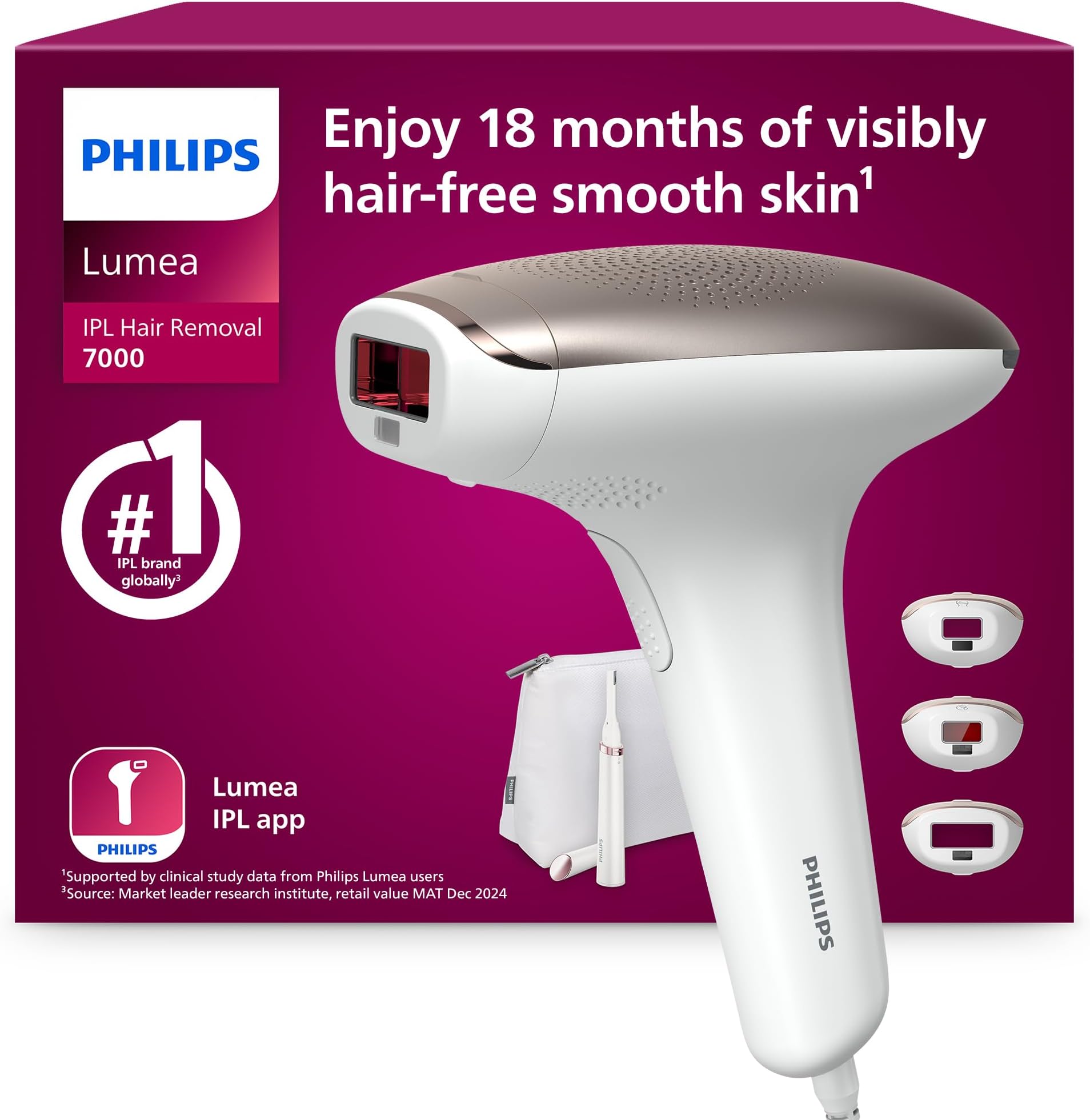 Philips Lumea 7000 Series, IPL Hair Removal Device, Laser Hair Removal Alternative, with Satin Compact Pen Trimmer, 3 Attachments for Body, Face and Bikini, Model BRI923/00