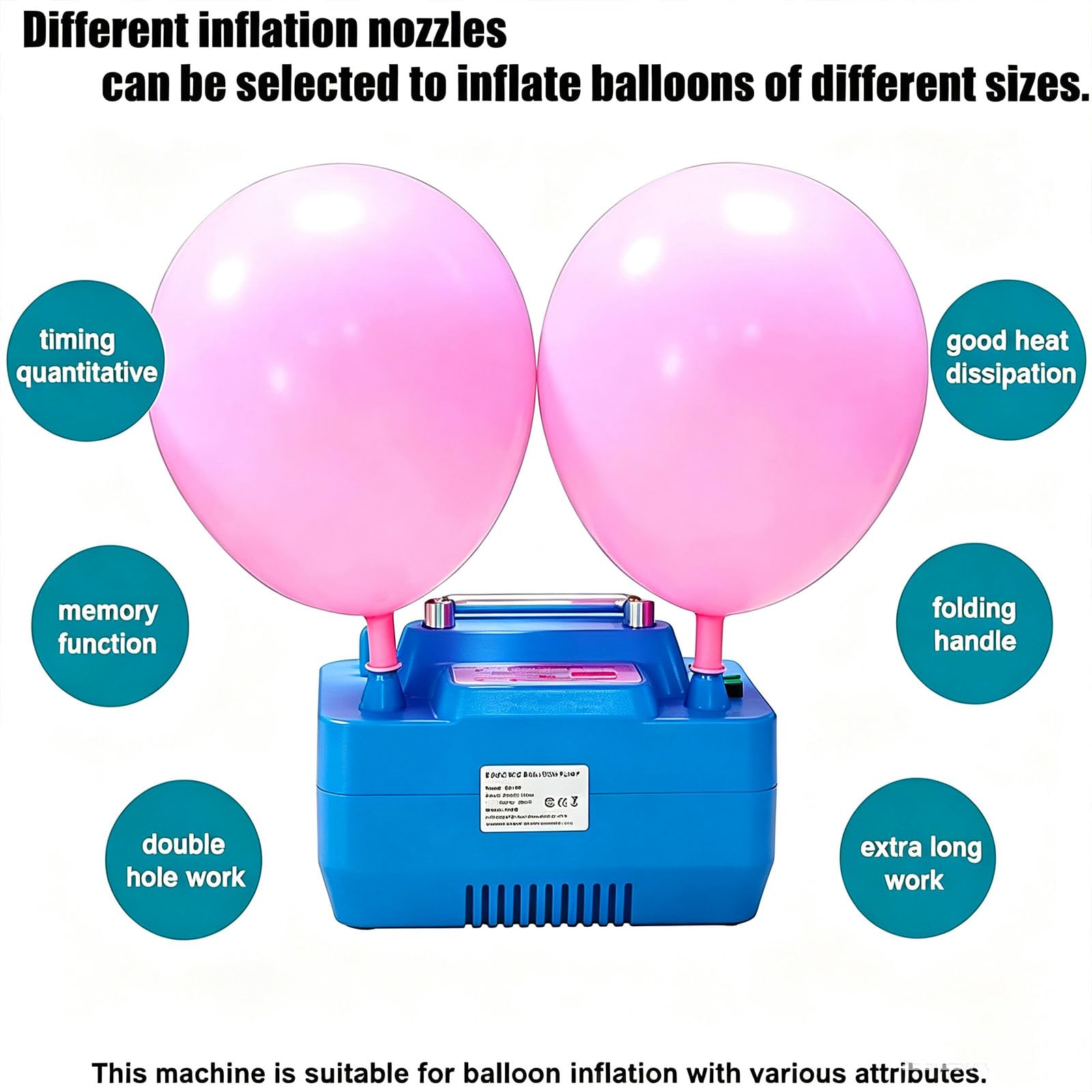 Bomba Eléctrica para Globos, Bomba De Aire Eléctrica con 2 Boquillas, Temporizador Y Control De Pedal, Inflado Rápido, Tiempo Ajustable, para Uso Comercial, Fiestas De Cumpleaños Y Bodas.