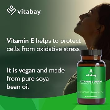 Vitabay Vitamin E 600 IU Depot - 200 Vegan Softgel Capsules | Natural D-Alpha Tocopherol - High Strength - Cell Protection from Oxidative Stress - Lab Tested - 12 Month Supply