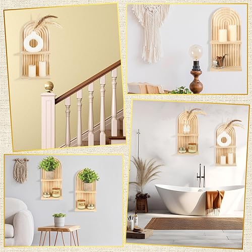 Miniatura 6 de Geetery 2 estantes flotantes de madera de arco de mediados de siglo, estantes de pared de arco iris, estante de pared bohemio retro montado en la