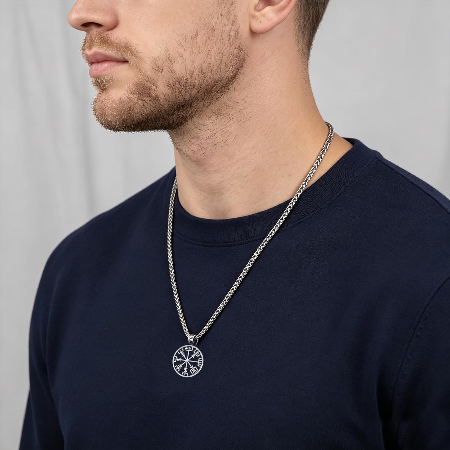 Viking Vegvisir Necklace 925 Sterling Silver Nordic Compass Pendant Viking Jewelry for Men, w/Stainless Steel Chain 22"+2"