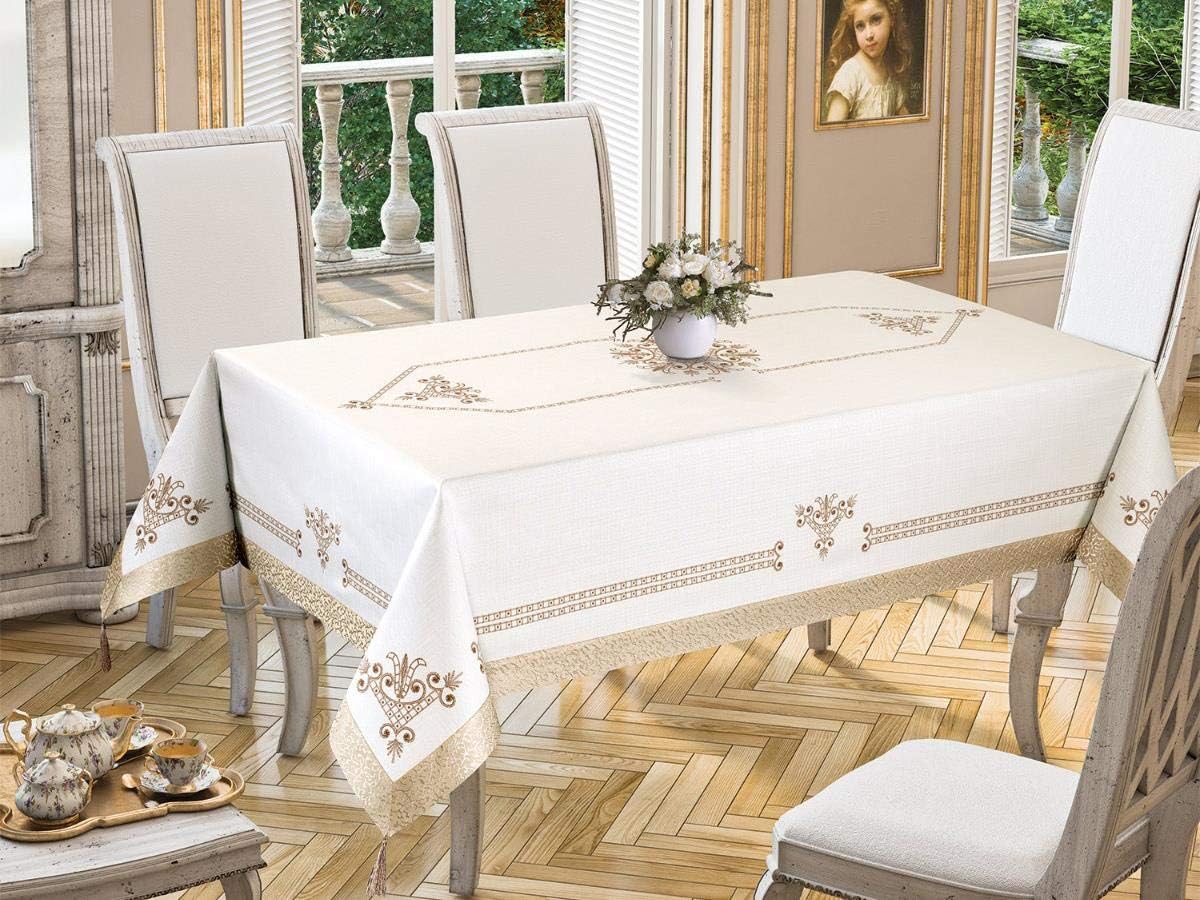 Tulip Premium Table Cloth Framed with Gold 4 Edge Strip Fabrics Stain and Dirt Resistant, Engineered Printed Tablecloth for Everyday Home Dining, Holiday tablecloths Made in Turkey 62x102 Inch