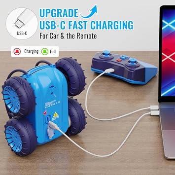 Amphibious Stunt remote control cars, Dual USB-C Charging for Car & Controller, 2.4Ghz 360° Flips & LED Lights Ajustable, 15KM/H, Ultimate RC Toys Gift Any Occasion for Boys Girls 3-12 Years Old