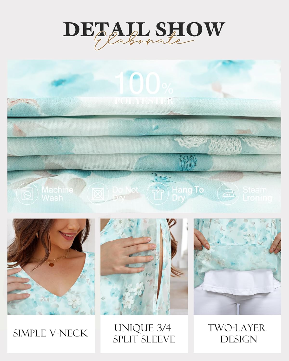 Bebonnie Womens Ruffle 3/4 Sleeve V Neck Double Layers Chiffon Blouses Dressy Tops - Image 4