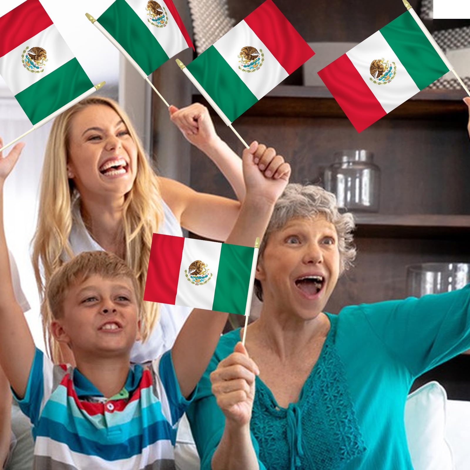 Paquete de 20 banderas mexicanas de mano de 5 x 8 pulgadas, pequeñas banderas de México en palos de madera con parte superior de lanza dorada, mini bandera mexicana para el Cinco de Mayo, Día de la