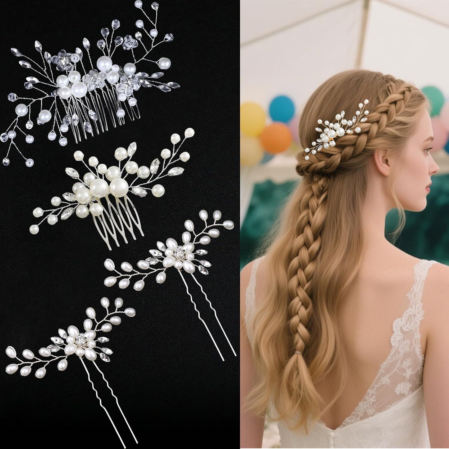 4 Pieces Bridal Hair Comb with Crystal Beads and Rhinestone Hair Pins Side Hair Comb for Bride Wedding Hair Accessories for Women Bridesmaids