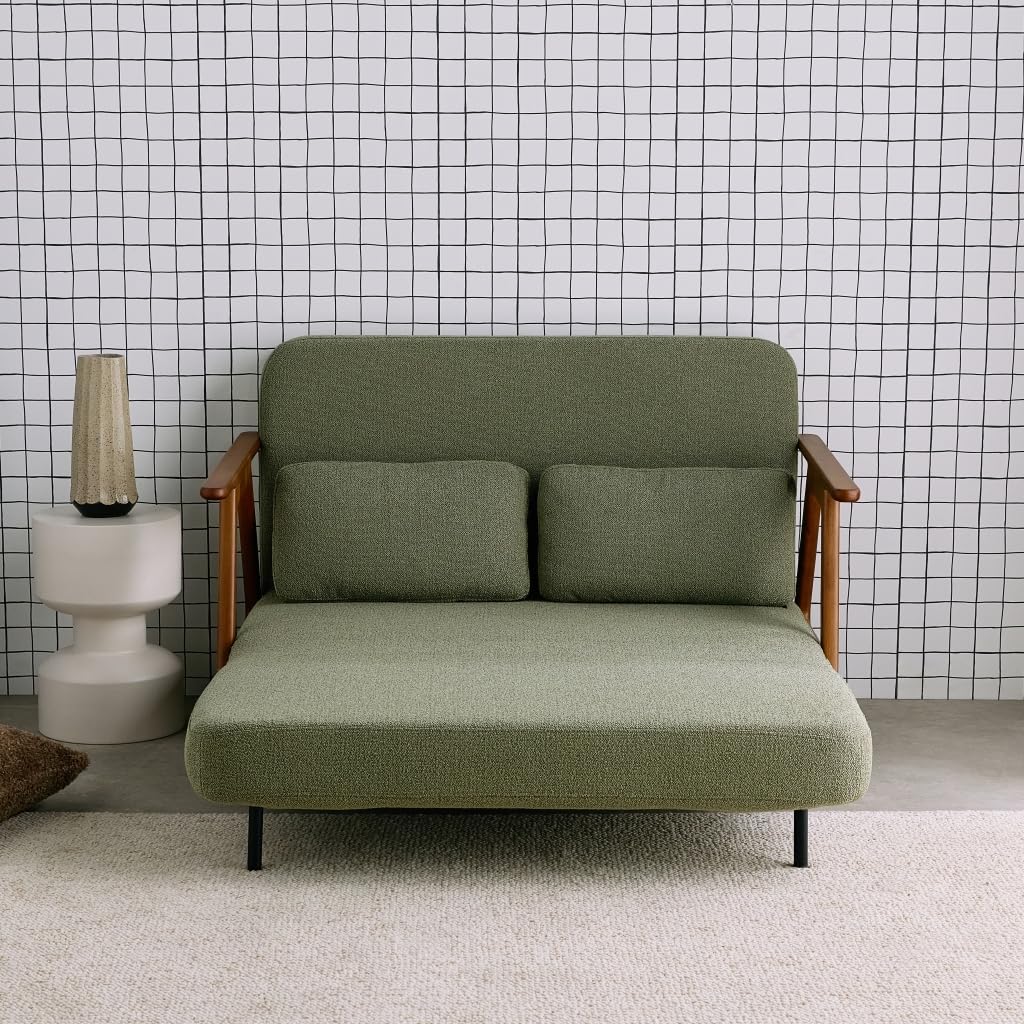 Alice's Garden sweeek - Banquette canapé Convertible 2 Places Bois d'hévéa teinté Noyer Clair et Bouclette texturée Kaki L 133 x P 81 x 84cm - Sven