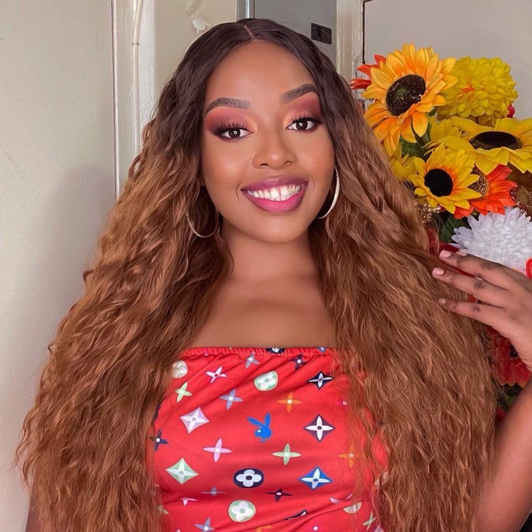 K'ryssma Ombre Brown Lace Front Wig with Black Roots Long Curly Synthetic Wig for Women Half Hand Tide Ombre Brown Curly Wigs 22 inches Hair Replacement Wig