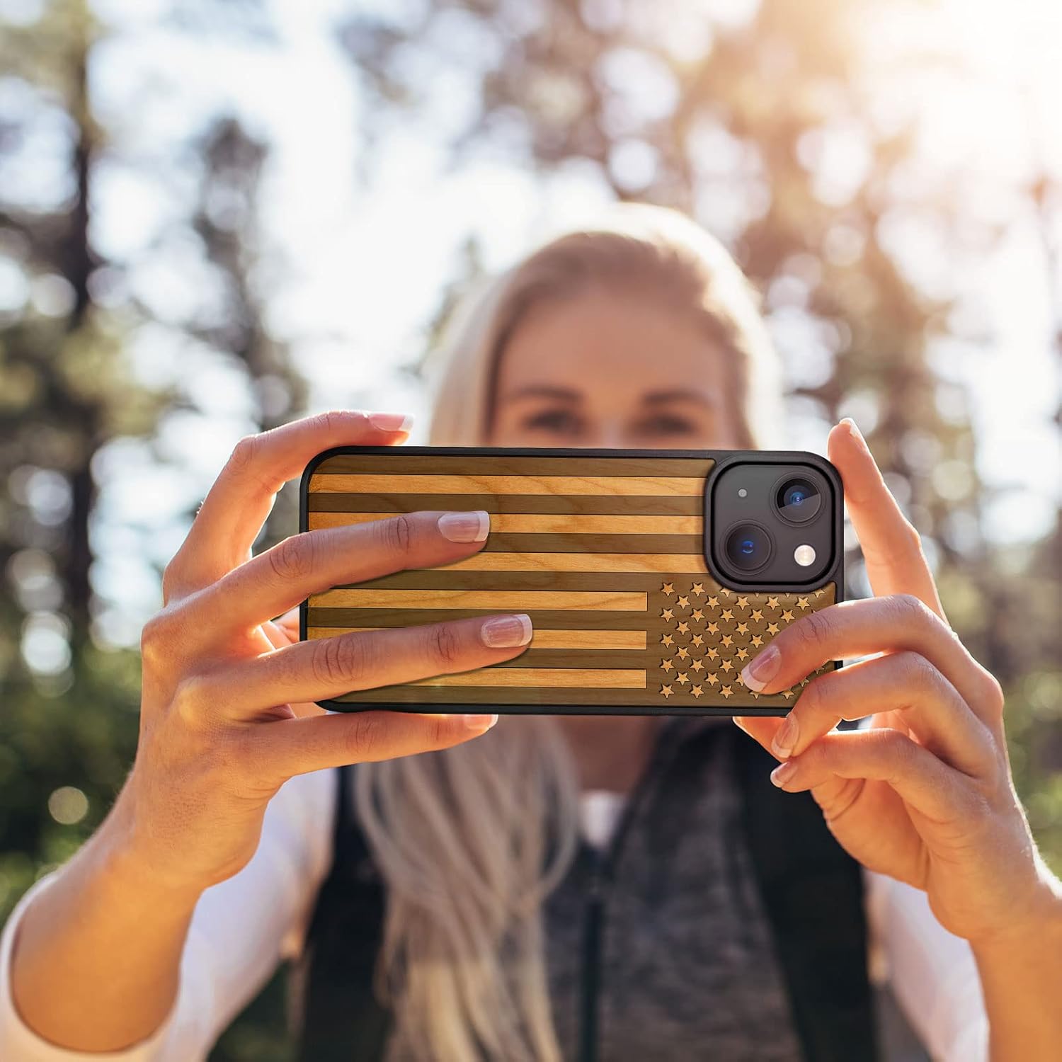Carveit Magnetic Wood Case for iPhone 14 Case [Natural Wood & Black Soft TPU] Unique & Classy Wooden Shockproof Protective Cover Compatible with magsafe (American Flag -Cherry)