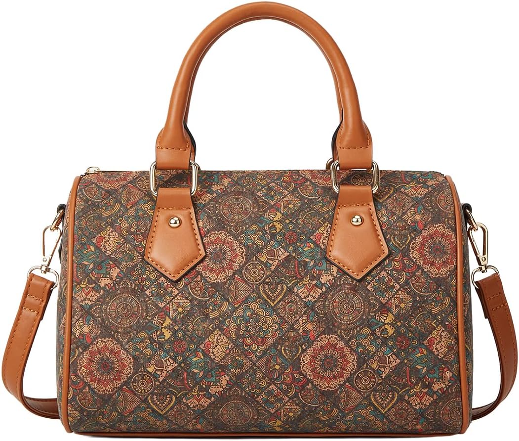 CORIOS Women's Elegant Boston Bag Bohemian Style Shoulder Crossbody Bag Top-Handle Bag with Ethnic Pattern Cork Satchel Bag