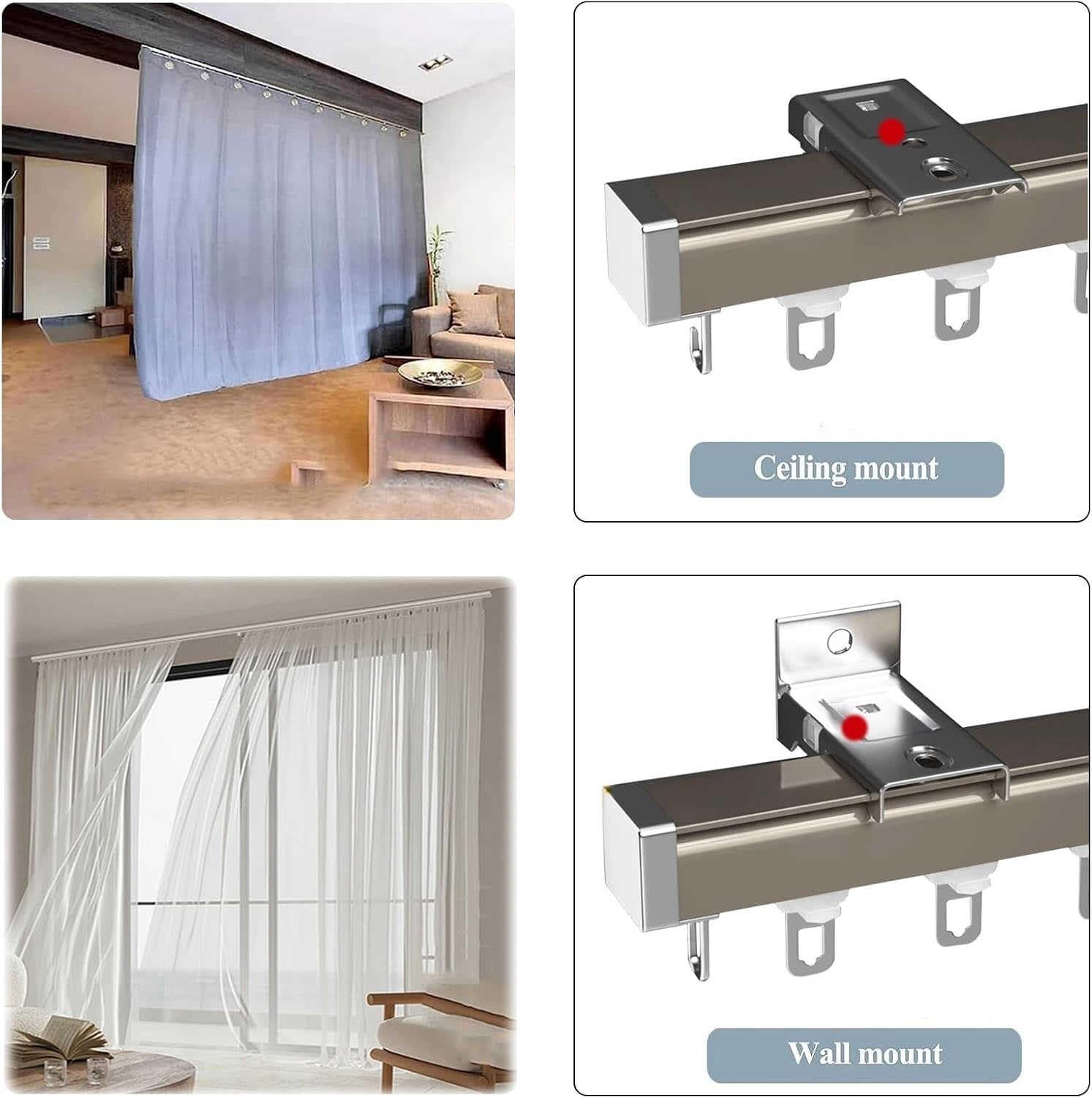 Rail de Rideau en Aluminium pour Montage au Plafond ou au Mur pour Rideaux et séparateurs de pièces Rail de Rideau avec glissières