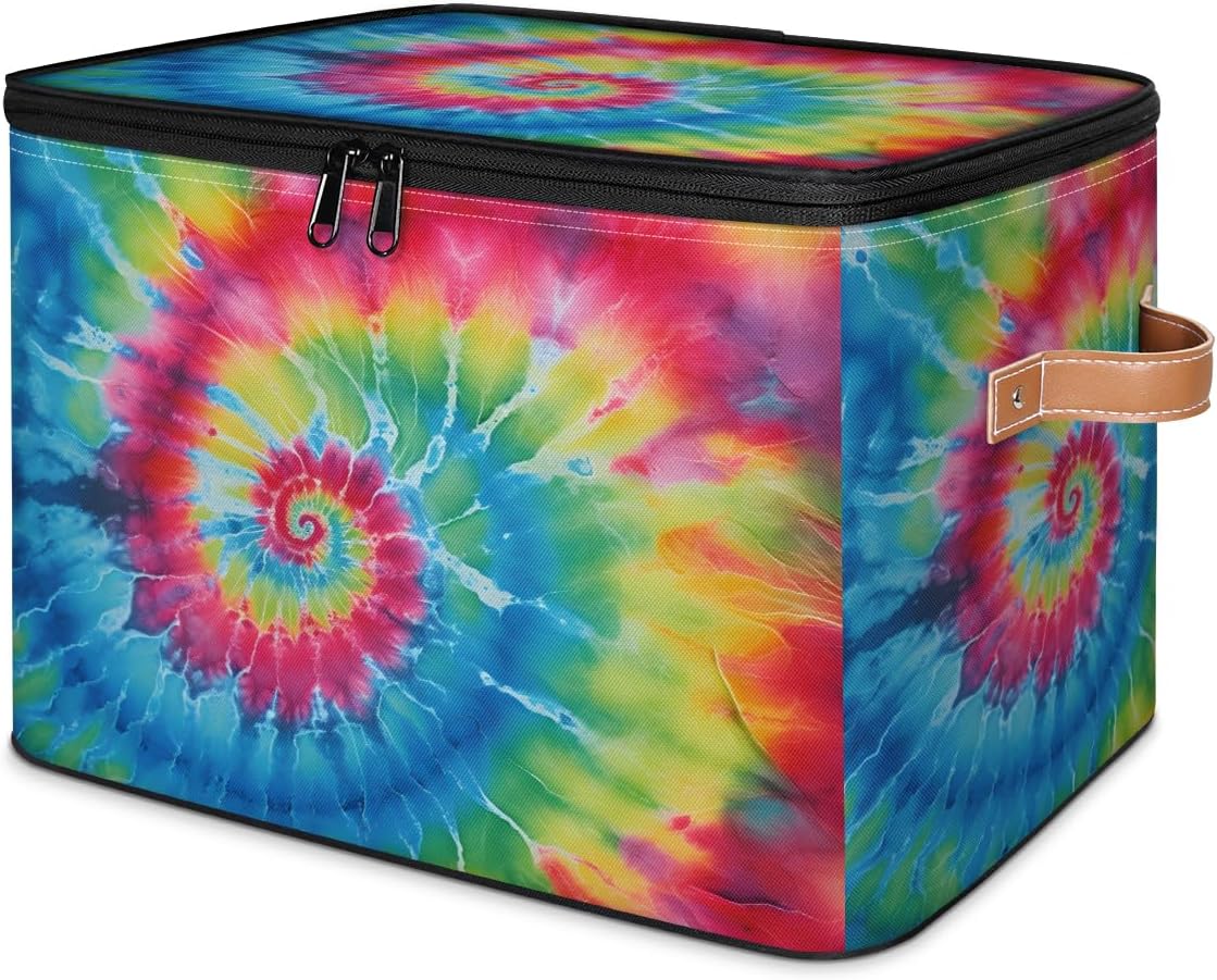 Colorful Tie Dye Storage Bins with Lids, Rainbow Fabric Storage Boxes with Zipper, Collapsible Decorative Closet Organizer Cube for Clothes,Organizing, Shelves