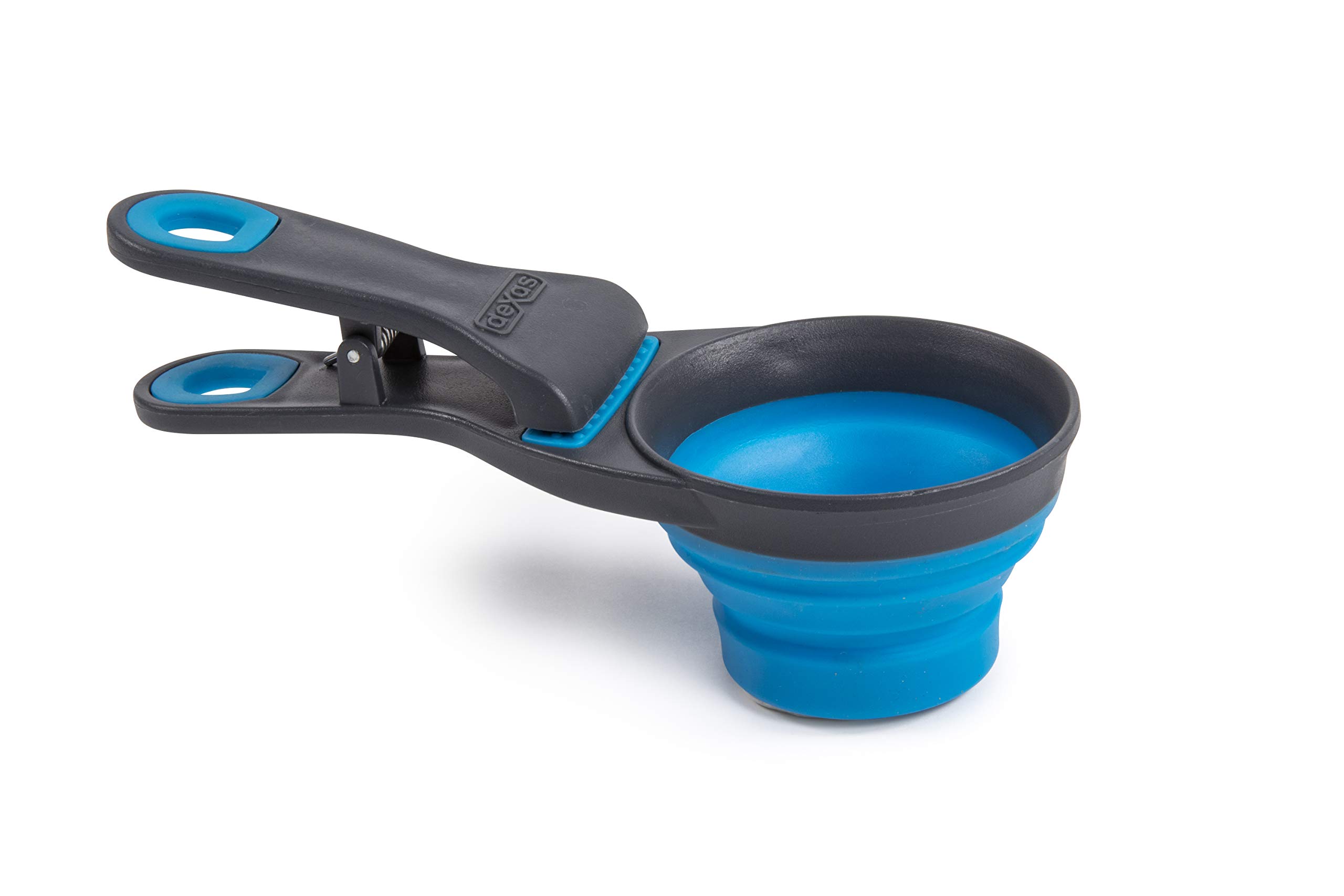Dexas Pets Collapsible KlipScoop Collapsible Dry Dog Food Scoop and Dog Food Bag Clip, 1/2 Cup Capacity, Pro Blue