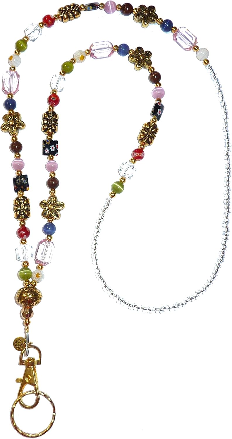 SLIM Style Fashion Women's Beaded Lanyard 34, Strong and Comfortable, for Keys Badge ID Holder (GOLD Slim Multi