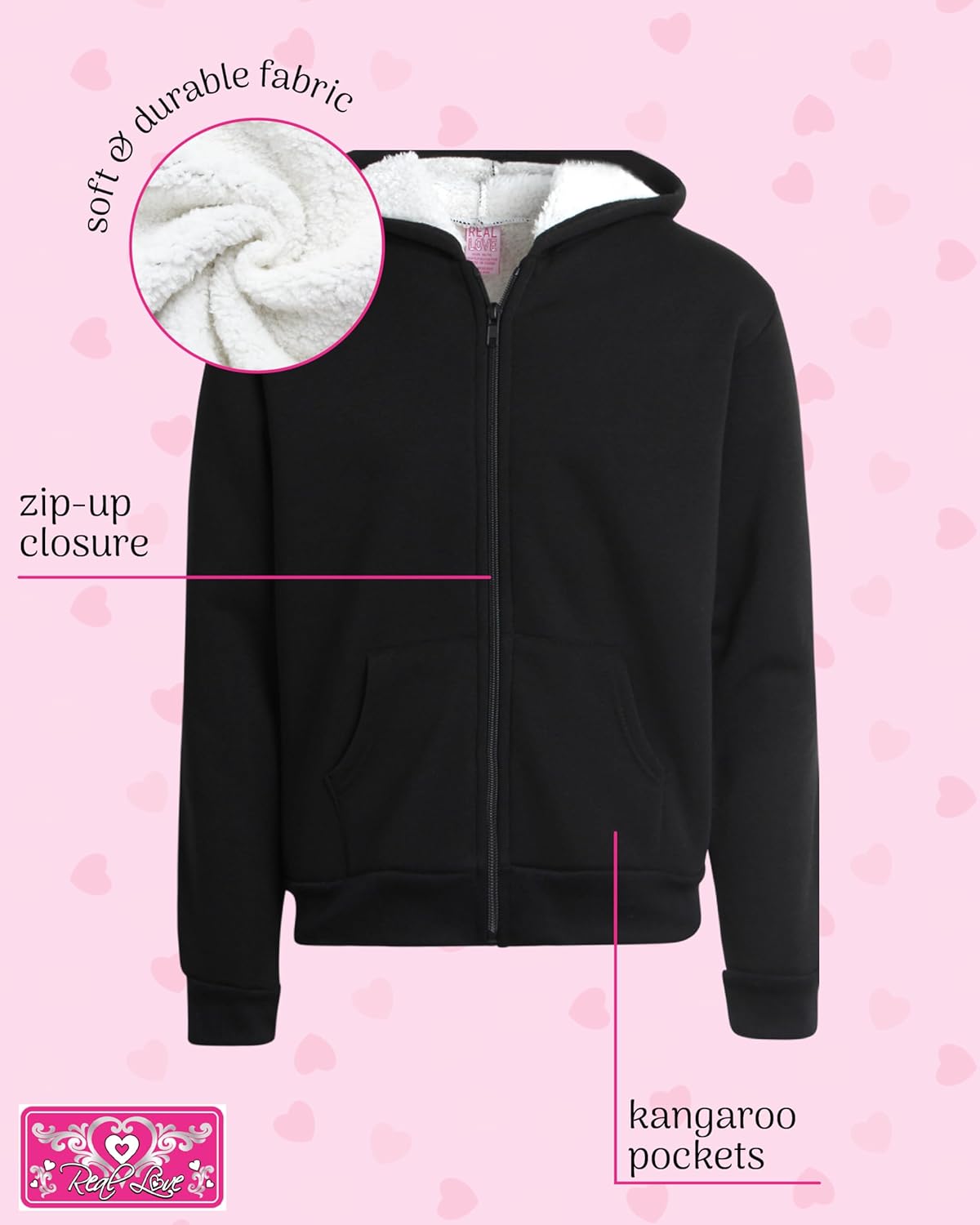 Real Love Girls Zip Up Hoodie - Soft Sherpa Lined Heavyweight Hooded Girls Sweatshirt Hoodies for Teens Kids (7-16) - Image 3