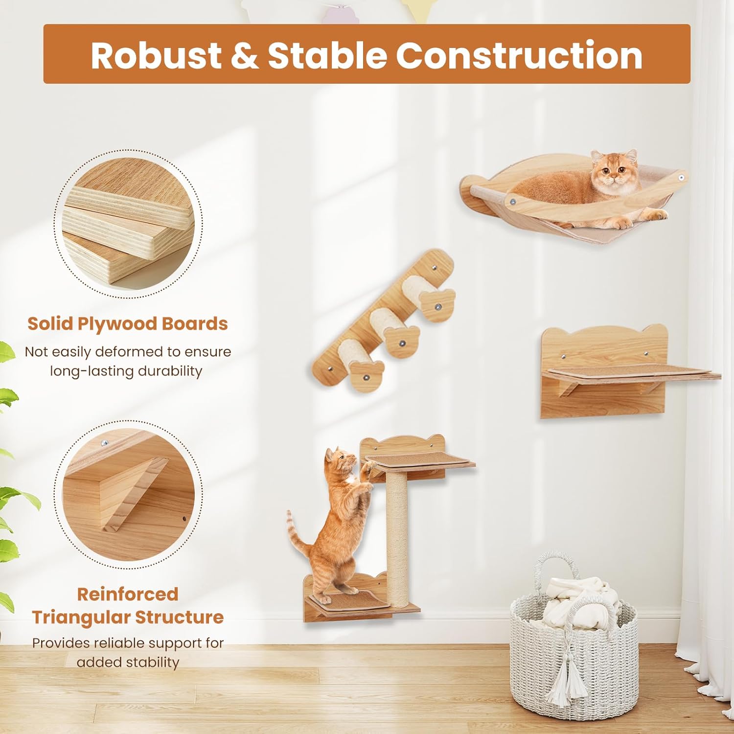 PETSITE 4-Piece Cat Wall Shelves, Modern Wooden Cat Wall Furniture with Sisal Wrapped Ladder, Hammock, Sisal Scratching Post, and Non-Slip Pads, Natural