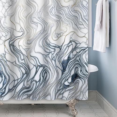 Miniatura 3 de Baocicoo - Cortina de ducha de mármol azul marino y blanco, moderna cortina de ducha bohemia para baño, textura de lujo, decoración de hostal,