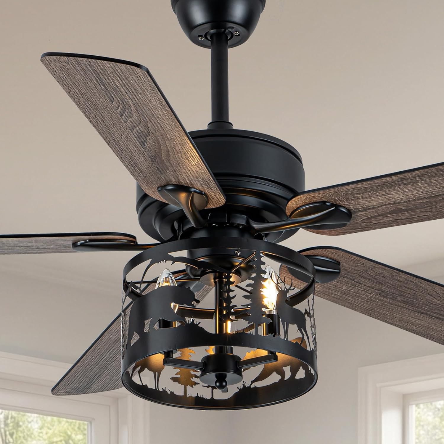 52" Farmhouse Ceiling Fan with Light and Remote, Rustic Fandelier Ceiling Fan with Deer & Bear Cut-out Drum Cage, Quiet Reversible DC Motor for Bedroom, Living Room, Kitchen, Black