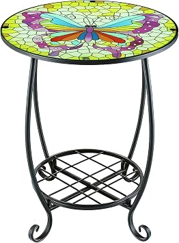 Arbuxzuy 12 Inch Small Outdoor Side Table with Colorful Butterfly, Glass Mosaic Patio Table Indoor, Round Plant Coffee Table for Living Room, Balcony, GardenButterfly Style