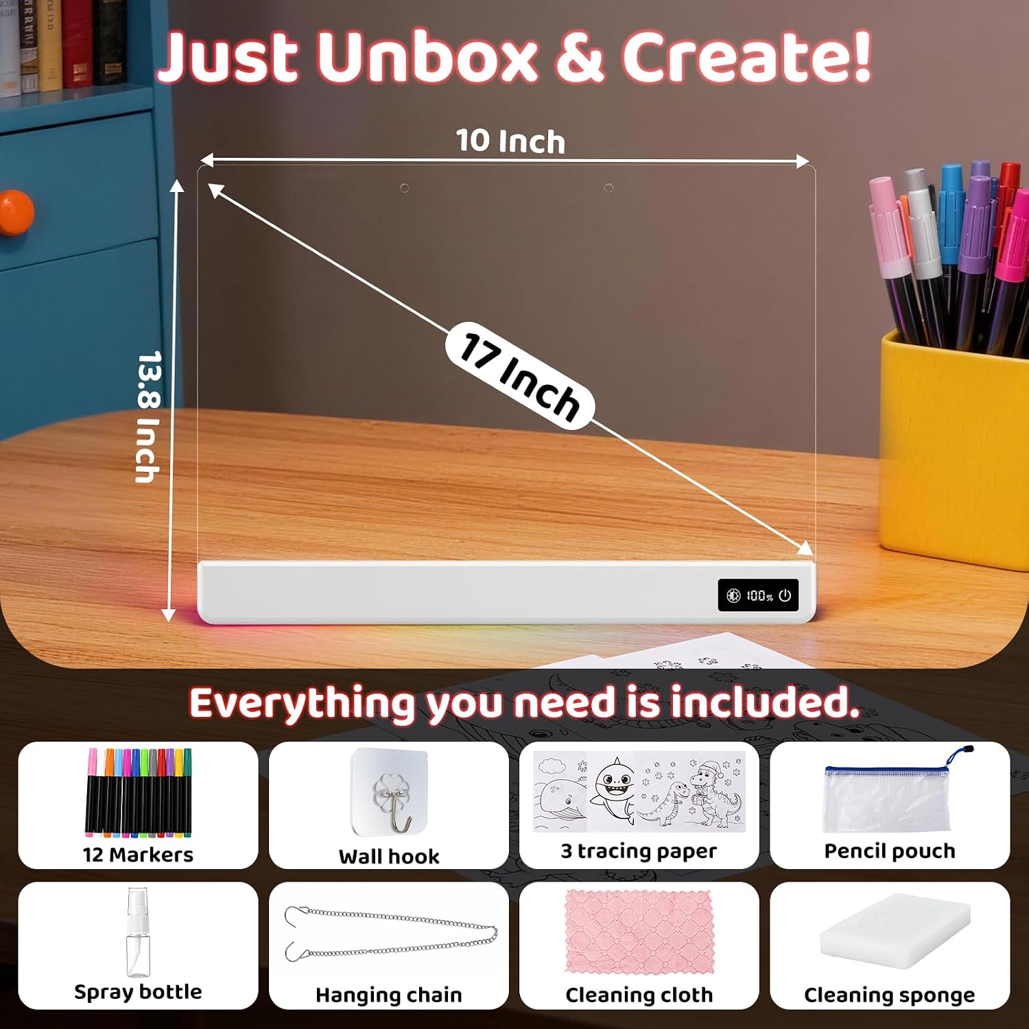 17 Inch Rechargeable LED Drawing Board for Kids, 15 Colors Light Up Doodle Pad, Anti-Scratch PVC, Flicker-Free Eye Care, Includes Tracing Cards & 12 Markers, Birthday Gift for Girls thumbnail