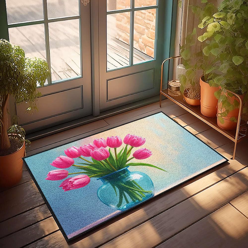 Paillasson tulipes roses apporte une touche printanière à votre entrée de classe