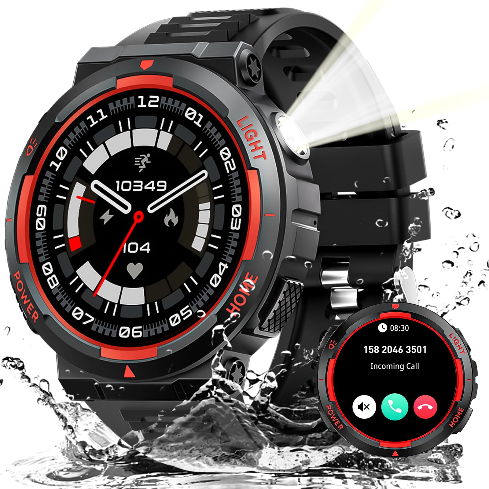 Orologio intelligente militare da uomo (rispondere/effettuare chiamate) con torcia LED 3ATM impermeabile Smartwatch con 100+ modalità sportive 1,54 pollici Fitness Tracker con cardiofrequenzimetro per