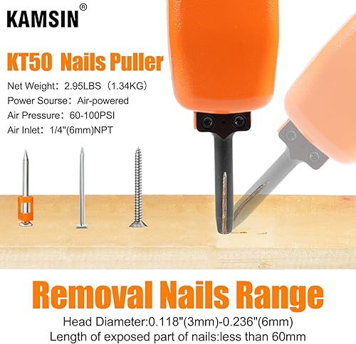 Miniatura 6 de KT50 - Extractor de clavos neumático, clavador profesional de alta resistencia, removedor de uñas de entrada de aire NPT de 1/4 pulgadas, removedor