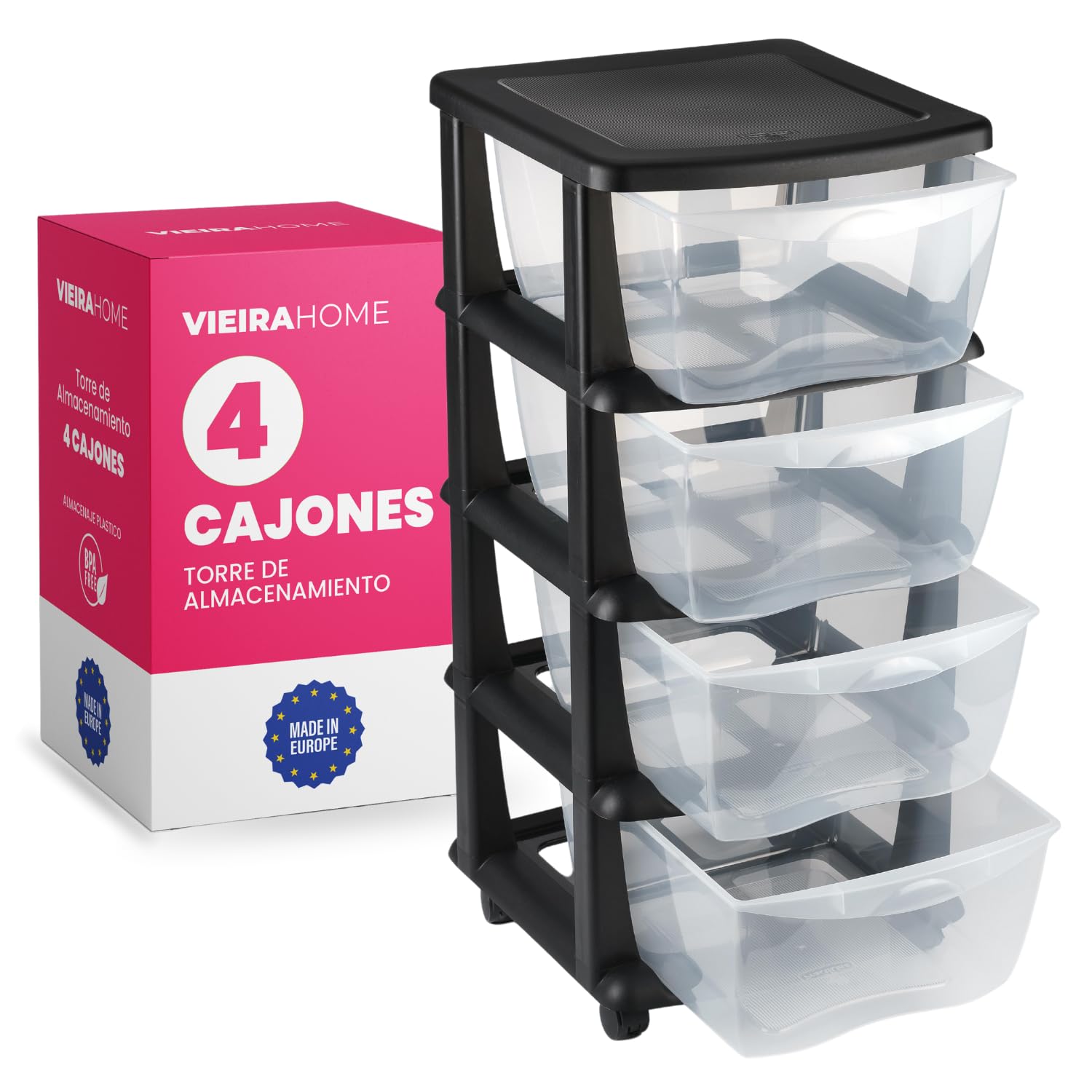 Mueble almacenaje Plastico torre cajonera organizador cajones con ruedas archivador - Escritorio,Oficina, escuela,baño, sala de estar - Hecho en E.U (4 Cajones)