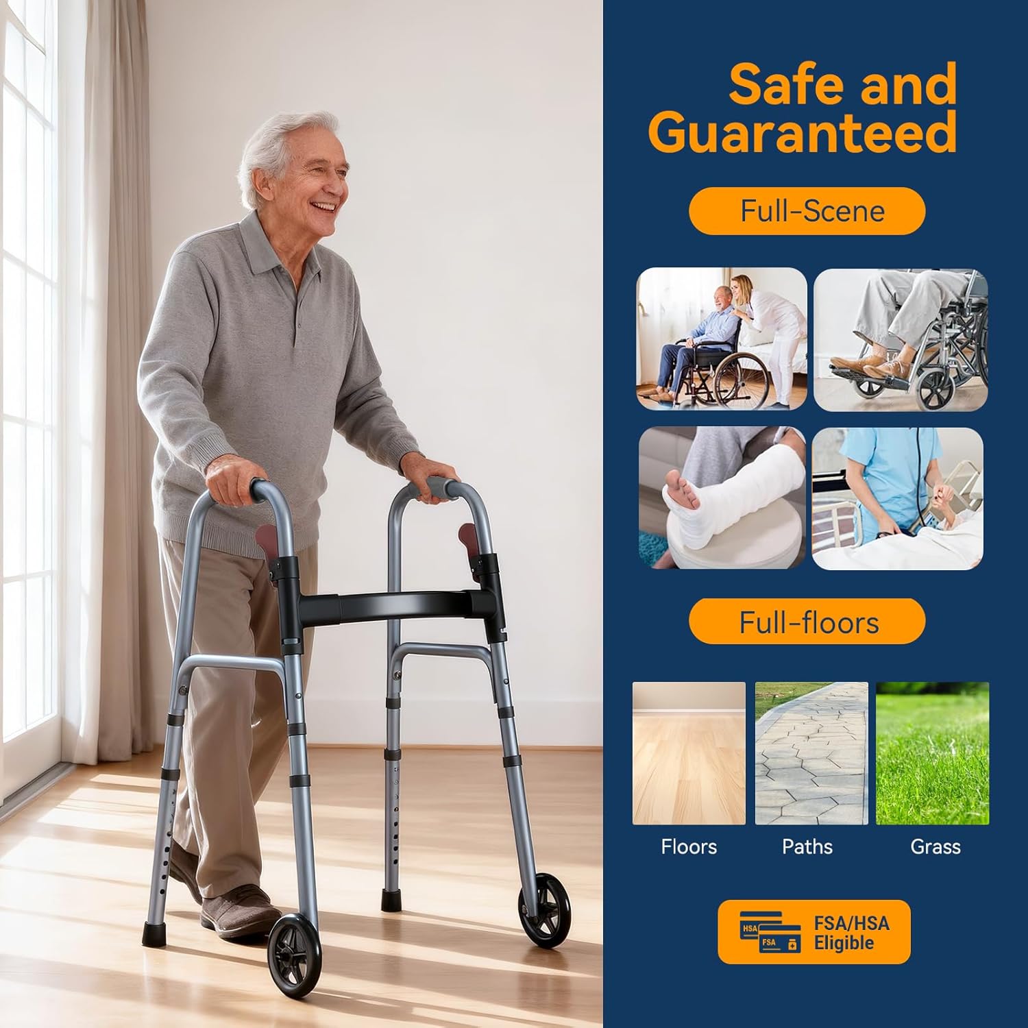 Folding Walker for Seniors, Rolling Walker with 8 Height Adjustments, One-Hand Folding, 300lbs Capacity, Lightweight Aluminum Front Wheel Walker for Elderly Adults and Handicap