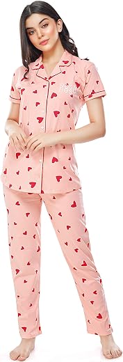 ZEYO Women's Cotton Heart Printed Night Suit Set of Shirt &amp; Pajama Set 5250 (Available in Plus Size)