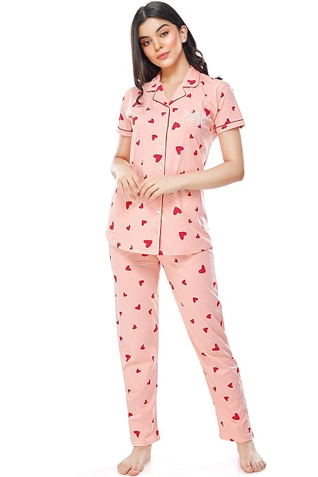 Zeyo Women's Cotton Printed Night Suit Set – 3/4 Sleeve Shirt & Pyjama, Pink, Size 5XL