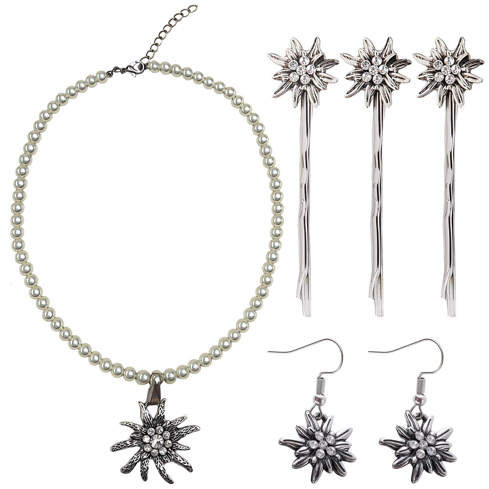 Trachtenschmuck Set Edelweiss - Halskette & Ohrstecker Für Oktoberfest