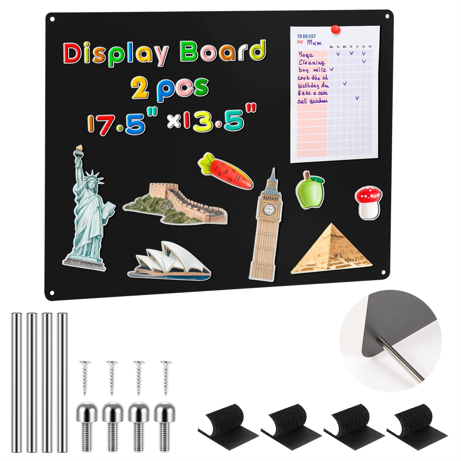 Black Magnetic Board 42x30cm Stainless Steel Magnetic Boards for Wall Photo Display Board for Home Refrigerator Cabinet with 4 Screws 2 Support Screws