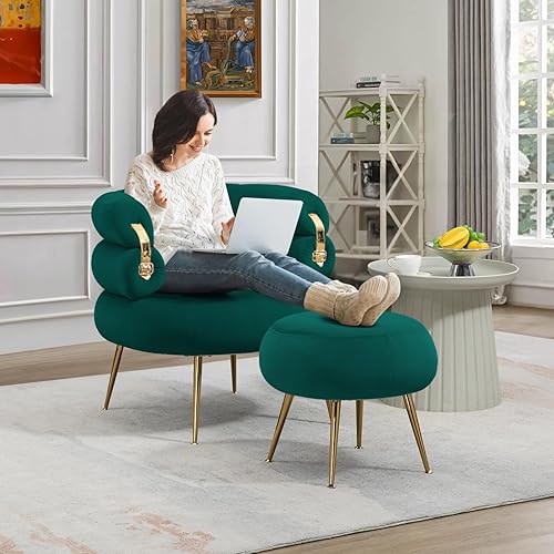 Miniatura 7 de Antetek Silla decorativa moderna de terciopelo con otomana, sillón tapizado con elegante decoración dorada, cómoda silla de descanso para sala de