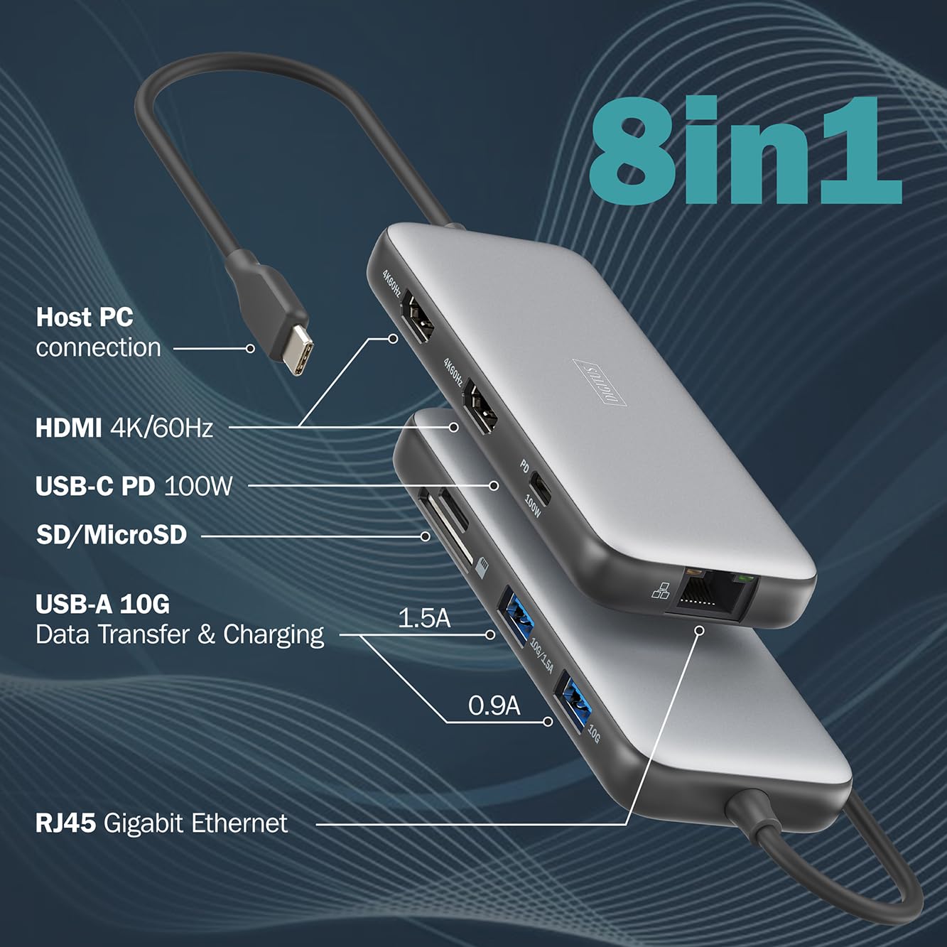 DIGITUS USB-C Docking Station – 8-Ports – 2X HDMI UltraHD 4k 60Hz | 2x USB-A 3.2 Gen2 – 1x USB-C 100W PD 3.0 – 1x RJ45 – Dual Kartenleser – Grau