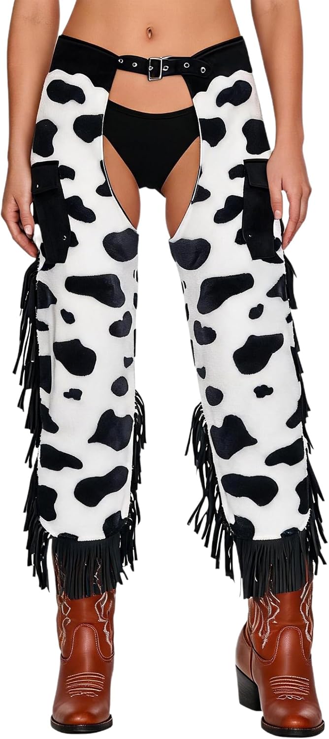 Vxuxlje Rodeo Dress-up Cow Print Chap Pants for Women
