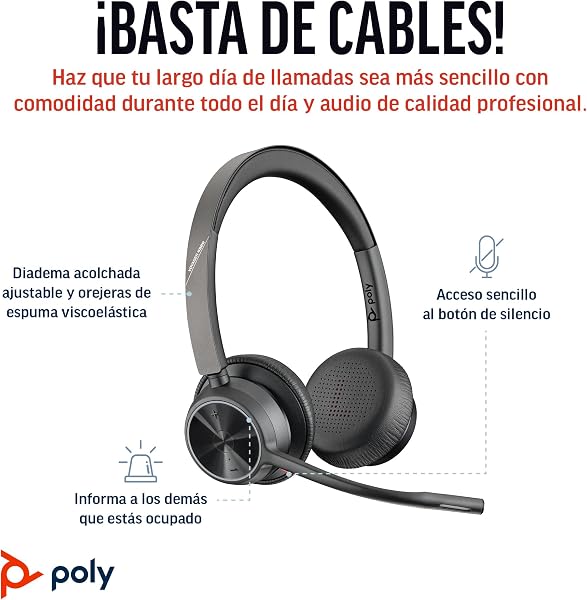 Auriculares inalámbricos Poly Voyager 4320 UC - Audífonos estéreo con micrófono de brazo con cancelación de ruido - Conexión Bluetooth a PC/Mac/teléfono móvil - Funciona con Teams, Zoom y más - 2