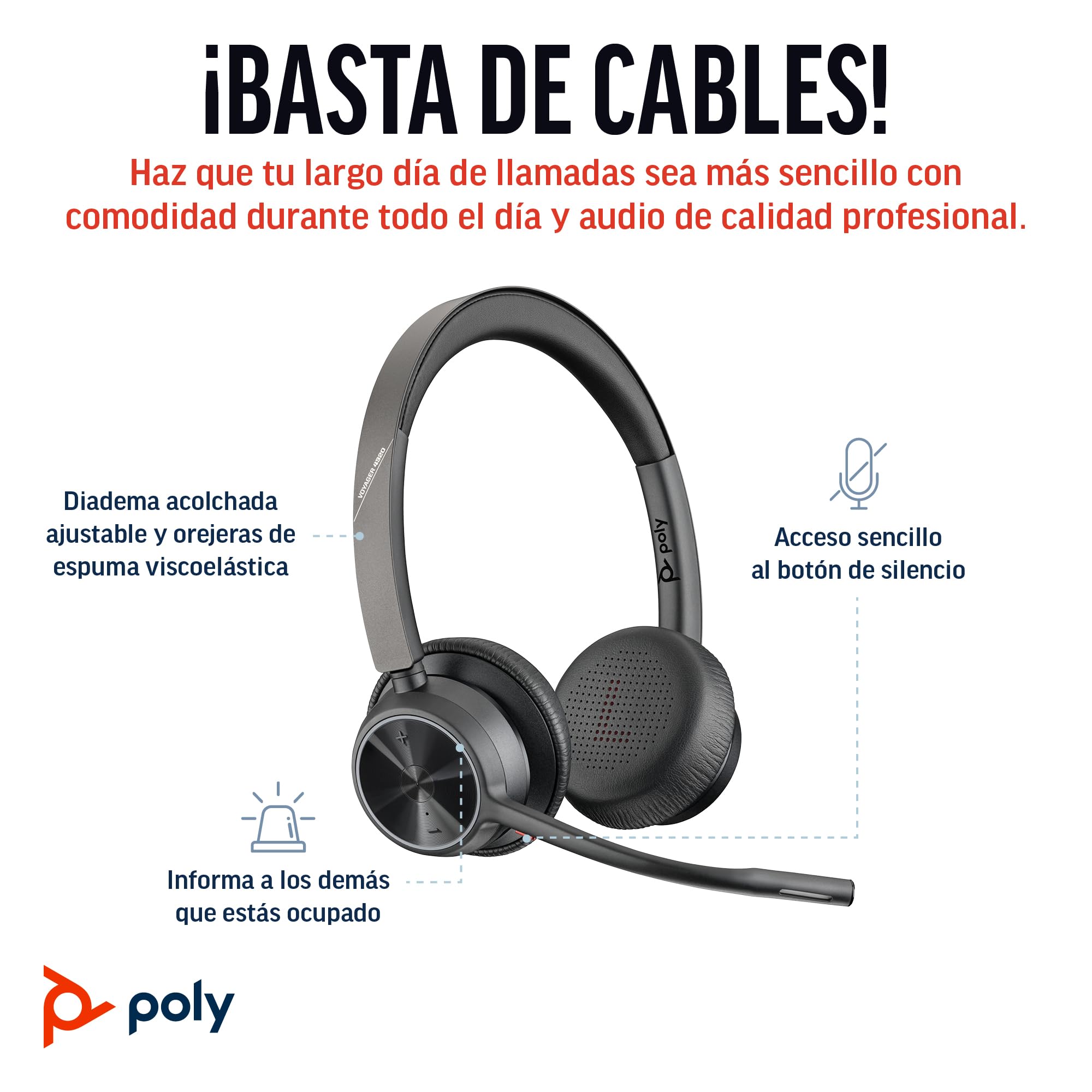 Auriculares inalámbricos Poly Voyager 4320 UC - Audífonos estéreo con micrófono de brazo con cancelación de ruido - Conexión Bluetooth a PC/Mac/teléfono móvil - Funciona con Teams, Zoom y más - 3
