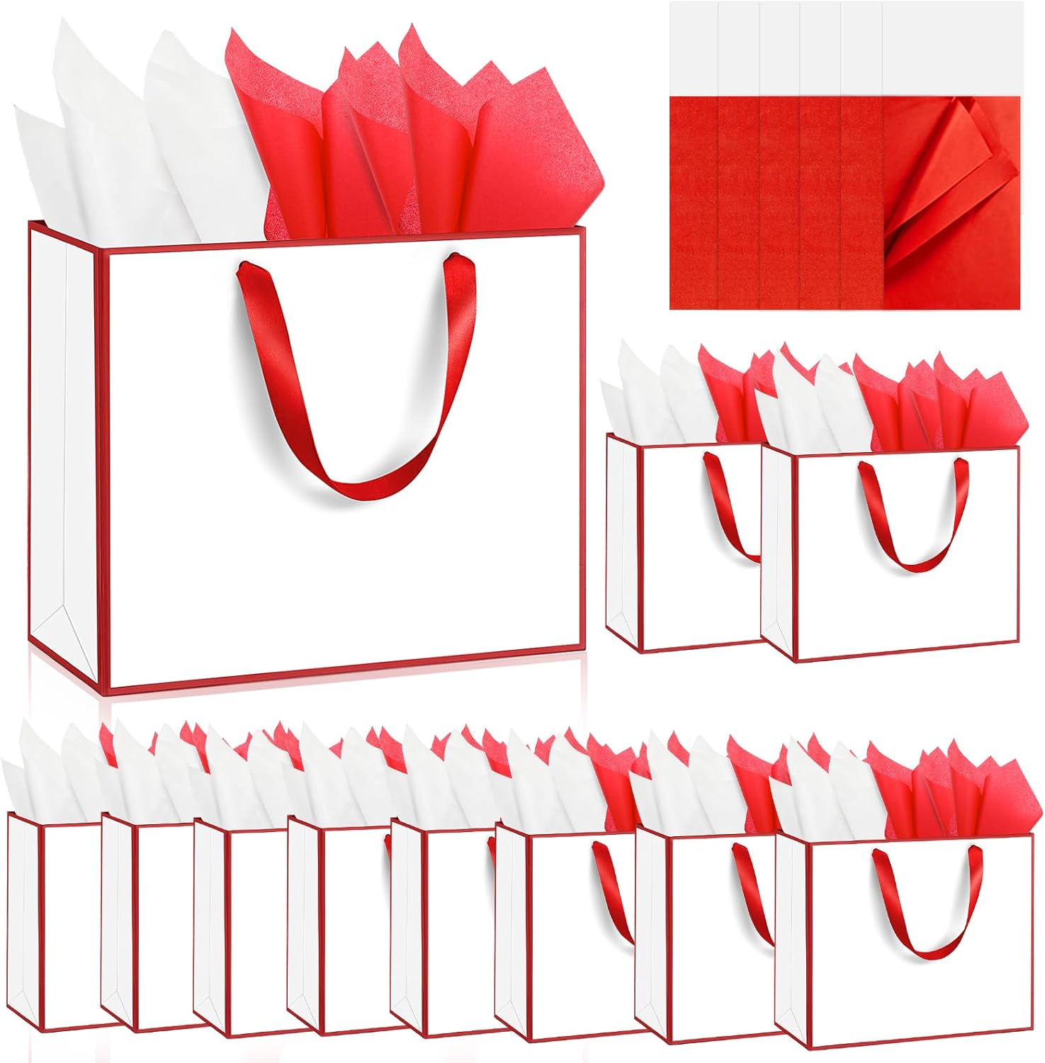 Epoesch 12 Pack Fancy Pink Gift Bags with Handles and 24 Tissue Paper, Medium Size11.8"x10"x4" Inch for Weddings, Birthdays, Party Shopping, Mother's Day, Corporate Events, Holiday Gifts (Pink Red)