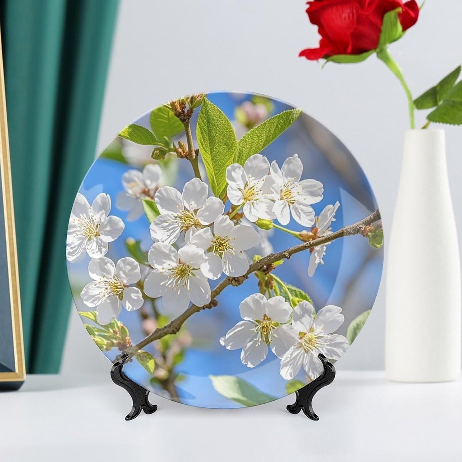 Beautiful Spring Cherry Blossoms Decorative Ceramic Plate Round Porcelain Plate Decor Personalized Bone China Decorative Plates Ceramic Ornaments Dessert Plates with Display Stand 10inch