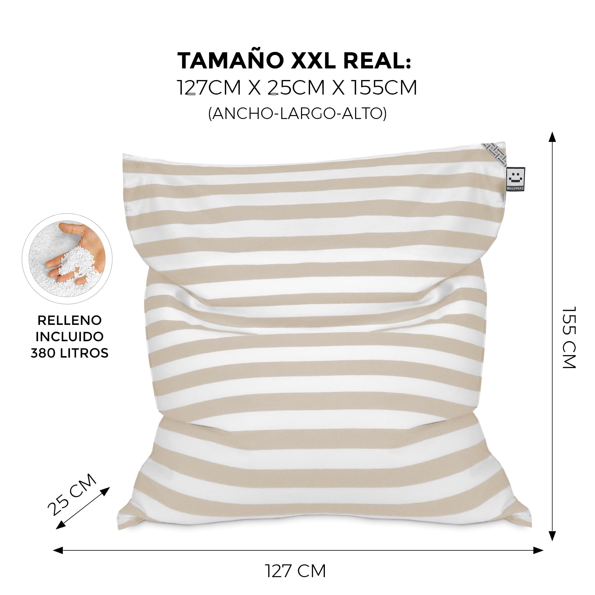 HAPPERS Big Sitzsack Toldotex - Riesiger Sitzsack für drinnen und draußen, schwimmender Sitzsack für Pool und Garten, Stoff sonnen- und wasserfest, inklusive Füllung, abnehmbar und waschbar, 127 x 155