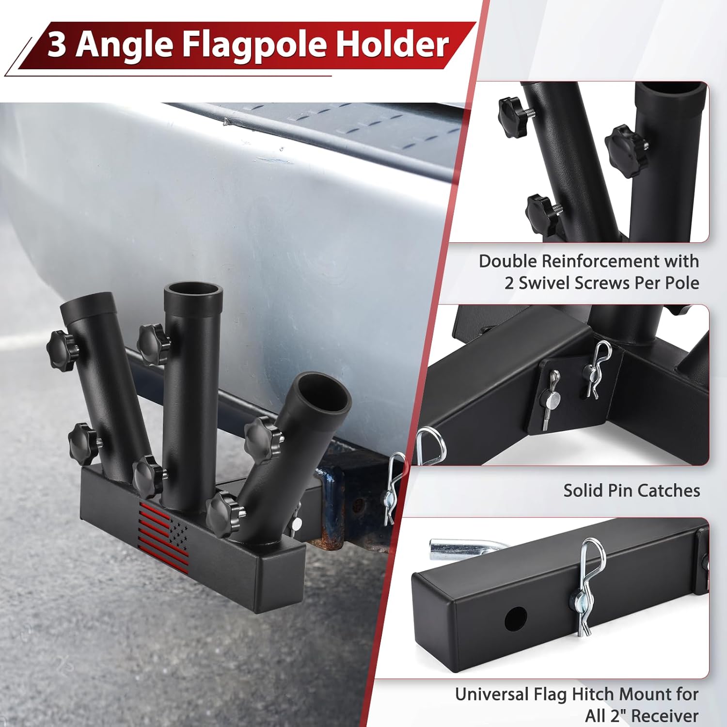 GADFISH Trailer Hitch Flagpole Mount, Two Mounting Options US Flag Hitch Mount, Universal Flag Hitch Mount for All 2" Receiver, Trailer Hitch Flag Pole Holder for Driving, Black - Image 3