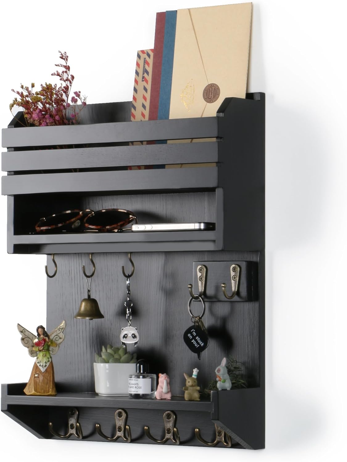 Key Holder, Wall Mounted Mail Organizer, Keys Holder on Wall with 9 Key Hooks, Black